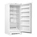 A white rectangular Danby reach-in freezer with its doors open and shelves inside.