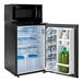 A black Danby mini fridge with a door open and a water bottle inside.