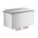 A white rectangular stainless steel ice bin with red wires.
