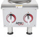 A stainless steel APW Wyott countertop electric range with two knobs.
