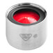 A round silver stainless steel faucet aerator with a red plastic water filter inside.