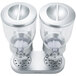 A silver Zevro double canister dry food dispenser with two clear lids.