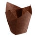 A Baker's Mark chocolate brown paper tulip baking cup with a lid.