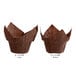 Two Baker's Mark chocolate brown paper cupcake liners with measurements.