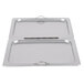 Two Carlisle stainless steel hinged hotel pan covers on a metal tray.