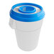 A white and blue plastic PourAway container with a blue lid.