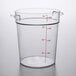 A Cambro clear plastic food storage container with measurements.