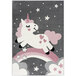A gray area rug with a white unicorn on it and pink accents.