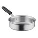 A Vollrath stainless steel saute pan with a black silicone handle and lid.