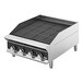 A Vollrath stainless steel charbroiler with three knobs.