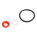 A white circle with a black and red center and a hole in it.