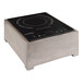 A Cal-Mil gray-washed pine wood countertop stand with a black induction cooker on top.