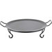 An American Metalcraft round black wrought iron griddle with two handles.