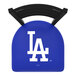 A blue bar stool with a white Los Angeles Dodgers logo on the padded seat and ladder back.
