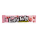 A close up of a Laffy Taffy cherry candy bar in a pink wrapper with white text and red cherries.