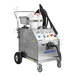 A Goodway heavy duty dry steam cleaner on wheels with a white container and hose.