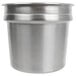A close-up of a stainless steel Vollrath inset pot and lid.