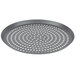 An American Metalcraft Super Perforated Hard Coat Anodized Aluminum Pizza Pan with a round black metal pan with holes.