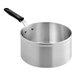 A silver sauce pan with a black handle.