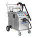 A Goodway heavy-duty industrial dry steam cleaner with wheels and a bucket on it.