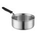 A Vollrath stainless steel saucepan with a black silicone handle.