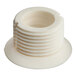 A close-up of a white plastic Main Street Equipment drain plug with four rings on it.