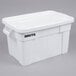 A white Rubbermaid BRUTE tote with lid.
