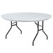 A gray Correll round folding table with black legs.