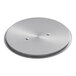 A silver circular stainless steel lid with holes in it.