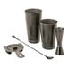A Barfly 5-piece black metal bartender kit with cups and a spoon.