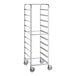 A silver metal rack with shelves and blue wheels.