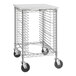 A Regency metal wire sheet pan rack with wheels and poly top.