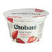A white Chobani container of non-fat strawberry Greek yogurt with a black label.