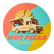 A white custom round vinyl sticker with a yellow food truck and pizzas on it.