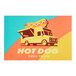 A white rectangular vinyl sticker with a yellow food truck and hot dog on top.