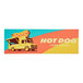 A white rectangular vinyl sticker with a yellow customizable hot dog on top.
