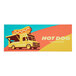 A white rectangular vinyl sticker with a customizable yellow and blue hot dog truck design.