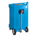 A blue rectangular HDPE plastic container with wheels.