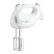 A white Hamilton Beach electric hand mixer with a handle and cord.