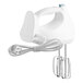 A white Hamilton Beach electric hand mixer with attached cord.