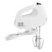 A white Proctor Silex hand mixer with beaters and a cord.