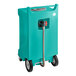 A turquoise rectangular HDPE container with wheels and a hose attached to it.