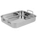 A silver rectangular Vollrath stainless steel roasting pan with handles.
