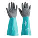 A pair of green and gray Ansell nitrile gloves with a blue rubber sleeve