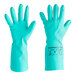 A hand wearing a green Ansell AlphaTec rubber glove with a number on it.