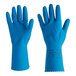A pair of blue rubber gloves with fish scale grip.