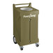 A PourAway Cadet 30 gallon rectangular green HDPE trash container with wheels.