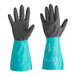 A pair of Ansell AlphaTec gloves with blue and gray sleeves in a blue bag.