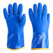 A pair of blue Ansell AlphaTec PVC gloves with yellow trim and a cotton liner.