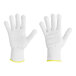 A pair of white Ansell HyFlex gloves with yellow trim on them.